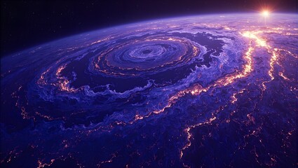 Fototapeta premium Explore the mesmerizing beauty of a distant alien planet its surface cloaked in swirling fractal patterns in shades of violet and indigo kissed by golden light