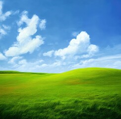 Serene meadow under blue sky. Perfect for relaxation-themed designs or environmental materials. Represents peace, natural harmony, and escape from urban chaos.