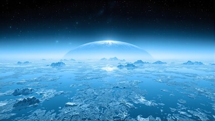 Discover the stunning beauty of a planets icy landscape with shimmering blue ice fields and distant mysterious glaciers under a dazzling starry sky