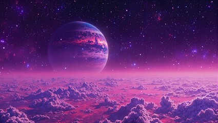 Discover an otherworldly planet with a coral landscape bathed in vibrant pinks and purples under a star studded sky
