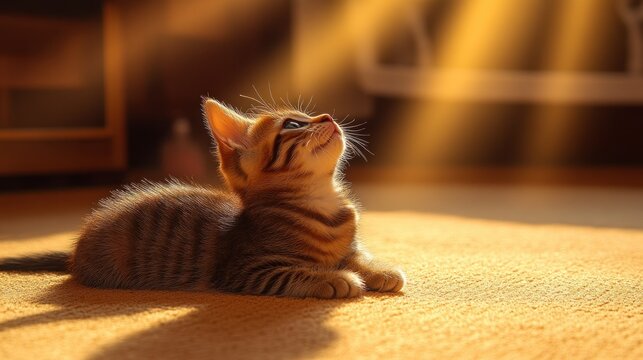 Adorable kitten basking in sunlight.  A small tabby kitten lies on a carpet, looking up towards a warm, 