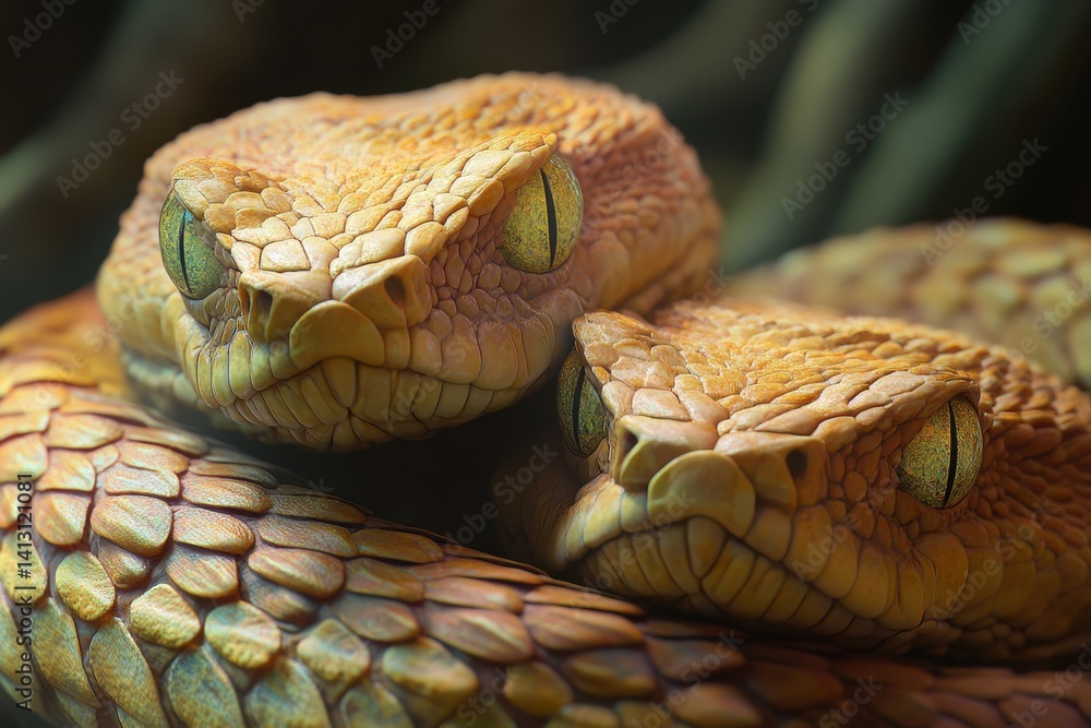 Poster close-up of a pit viper moving slowly while resting on a branch in a tropical habitat, close up of p
