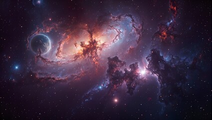 Fototapeta premium Vibrant nebula surrounding a young planet with colorful gas and dust creating a luminous vortex in deep space