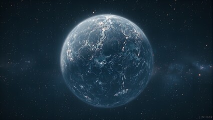 Fototapeta premium Mysterious small planet with cratered terrain icy surface and radiant stars against a soft diffused light backdrop