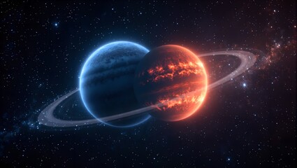 Explore the stunning twin planet system with contrasting icy blue and fiery red worlds in a cosmic dance among sparkling stars