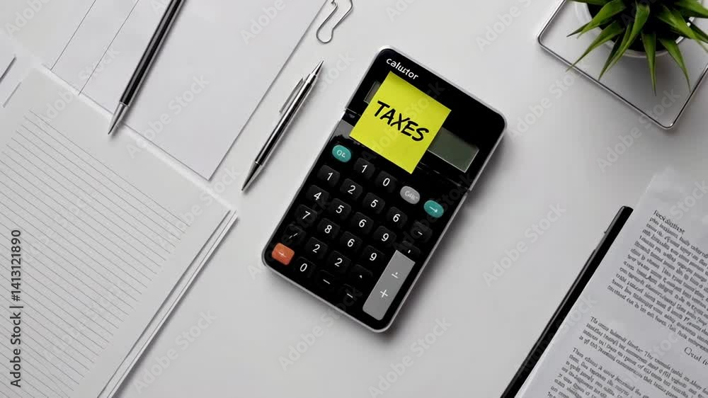 Poster Financial workspace representing tax calculation process, featuring essential accounting tools neatly arranged on minimalist white surface highlighting professional bookkeeping workflow