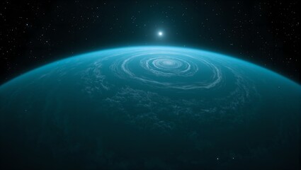 Explore a surreal neon turquoise planet with spiral clouds bathed in the glow of dual stars amidst a vast cosmic backdrop