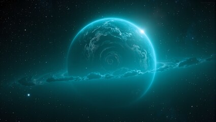 Explore a surreal neon turquoise planet with spiral clouds bathed in the glow of dual stars amidst a vast cosmic backdrop