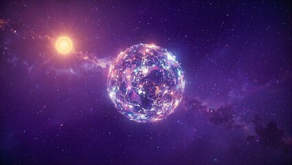 Obraz premium Discover a captivating glass planet reflecting a kaleidoscope of hues circling a luminous star in a magical cosmic vista