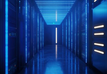 Fototapeta premium Futuristic data center corridor with glowing blue server racks and neon lights. Ideal for tech promotions, cybersecurity visuals, cloud services, and IT infrastructure themes