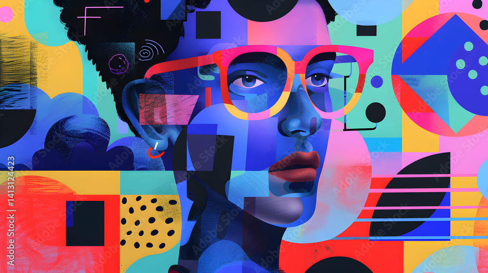 Aufkleber abstract portrait of a person with glasses surrounded by colorful geometric shapes and patterns