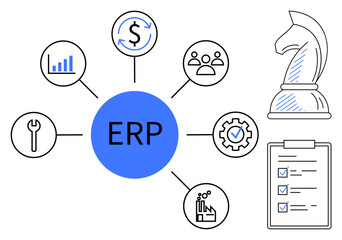 ERP core in blue circle linked to analytics, repair, team, factory, settings, checklist, and chess knight. Ideal for business management, planning automation efficiency decision-making and team