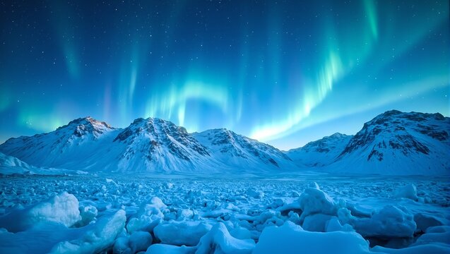 Experience the enchanting dance of the northern lights illuminating a frosty mountain peak under a sprinkle of starlight