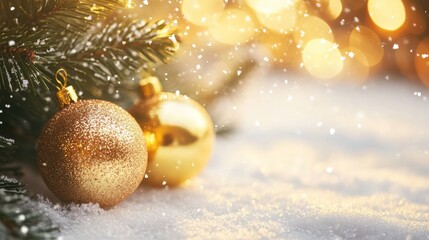 Obraz premium Golden Christmas Ornaments on Snowy Surface with Glowing Lights