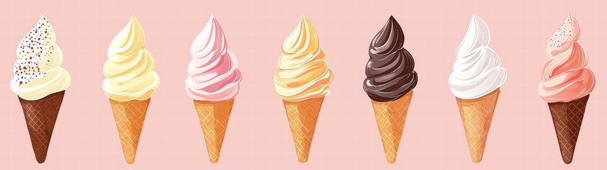 Array of ice creams in various flavors and colors presented on a bright background for delight
