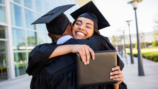 Excited graduates wearing cap and gown hugs other holding diploma celebrating achievement and success.
