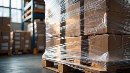 Stacked cardboard boxes wrapped in plastic shrink wrap on wooden pallet in warehouse.
