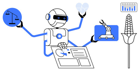 Robot multitasking with scales, heart monitor, automation, agricultural corn, and analytical charts. Ideal for AI, technology, agriculture, healthcare automation ethics and simple landing page