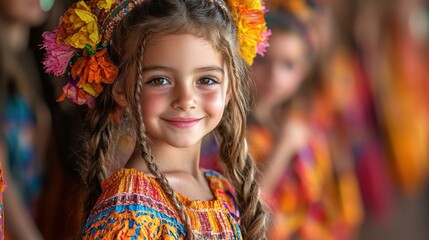 Portrait of a Smiling Young Girl with Flower Crown and Colorful Traditional Dress