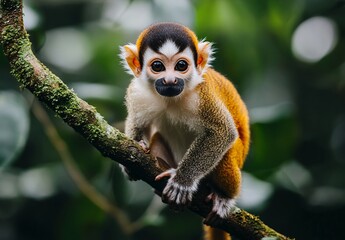 Obraz premium Curious squirrel monkey observing its surroundings in lush rainforest habitat wildlife photography close-up natural environment wildlife conservation