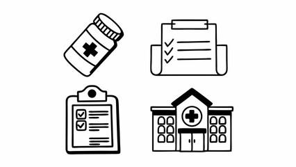 "Modern line-style icons for pharmacy services: pill bottle, prescription pad, clinic building, and medical chart — designed with editable strokes for healthcare websites or mobile apps."