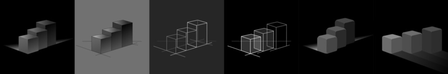 Obraz premium Abstract 3D isometric set of black, outline cubes for business intelligence, statistics, analytical model, global data, graphs and KPI, data storage in cloud - vector illustration background