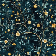 Floral Pattern with Elegant Gold Accents on Dark Blue Background