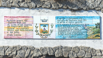 Quote by Italo Calvino and D.H. Lawrence painted on majolica tiles at the starting point of the Path of the Gods, . Amalfi Coast. Italy