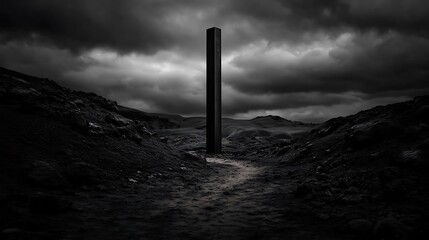 Dark, solitary obelisk stands sentinel in a rugged landscape.