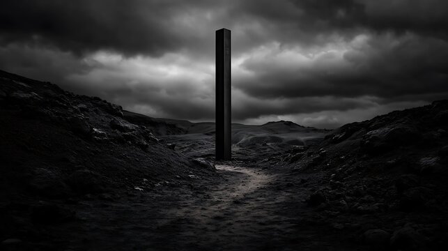 Dark, solitary obelisk stands sentinel in a rugged landscape.