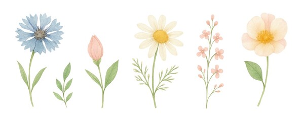 Watercolor set of flowers - chamomile, cornflower, rose bud, wildflowers illustration. Delicate, cute rustic bouquet. Great for invitations, greeting cards, posters.