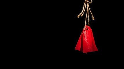 Red sale tags hanging against black background minimalistic design product promotion studio viewpoint