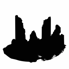 Fototapeta premium Silhouette of crumbling ancient ruins against white background, symbolism