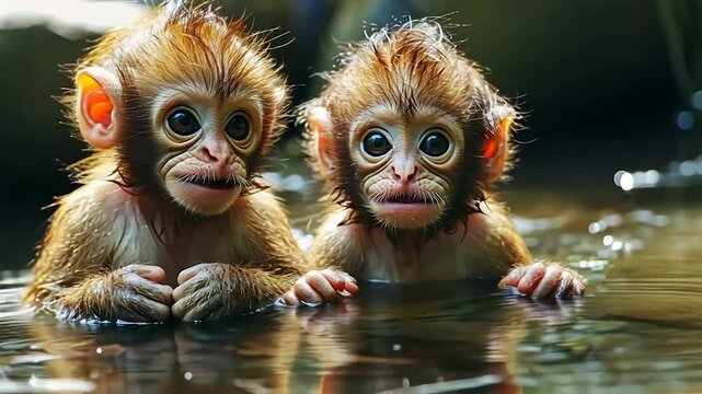 Two young monkeys playfully splashing in a serene water pool surrounded by lush greenery
