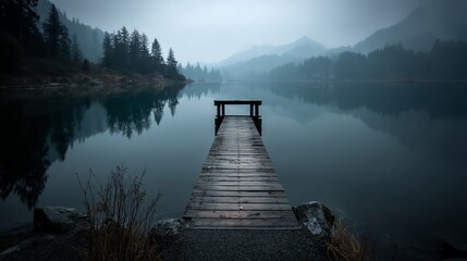 Misty lake pier. Tranquil morning