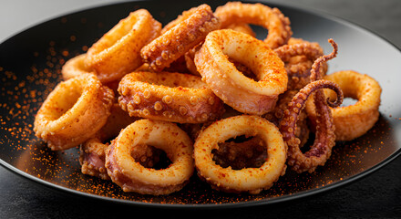 Delicious Fried Calamari Rings Served on a Black Plate Seafood Dish