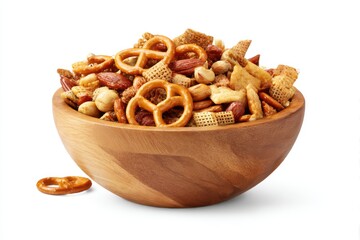 Snack mix in wood bowl isolated on white background
