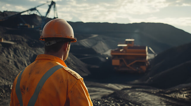 Mining worker inspecting iron ore extraction machinery at a mining site. Featuring machinery inspection and operational checks