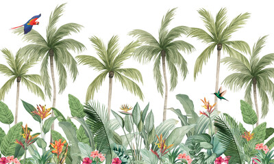 Muted green tropical palm jungle wallpaper mural – lush botanical wall art illustration for calm and stylish interior spaces  © csinie1