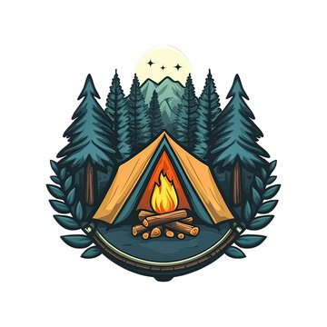 Camping Adventure Emblem with Nature Icons &ndash; Vintage Wilderness Badge Featuring Hiking, Survival Elements, Mountains, Trees, and Outdoor Gear Design for Scouts and Explorers