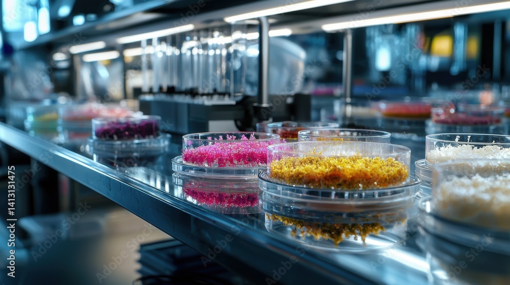 Poster a row of test tubes with different colored substances in them