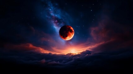 Cosmic spectacle of a blood moon over ethereal clouds.