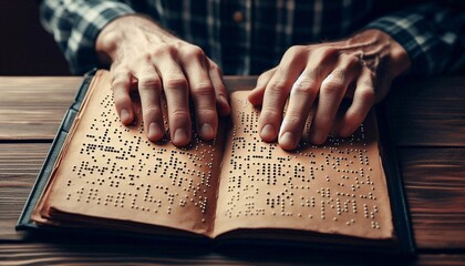 Naklejka premium Close-up of a man reading a book written in Braille with his fingers