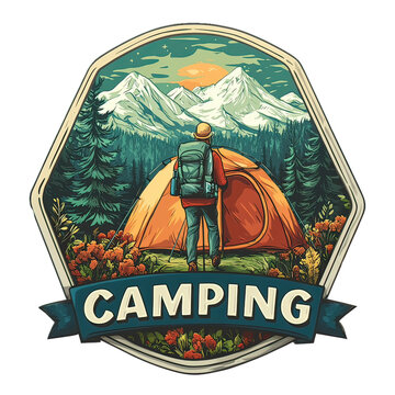 Camping Adventure Emblem with Nature Icons &ndash; Vintage Wilderness Badge Featuring Hiking, Survival Elements, Mountains, Trees, and Outdoor Gear Design for Scouts and Explorers