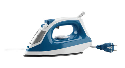 A blue and white electric iron with a cord on a black background in a studio shot for product photography
