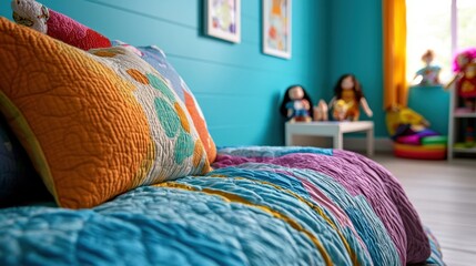 A colorful bedspread with a pillow on it in a room with a blue wall