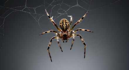 Close-up of Orb-weaver Spider on Web, Against a Gray Background