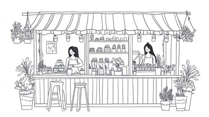 Naklejka premium Outdoor floral kiosk, women working, plants, market scene