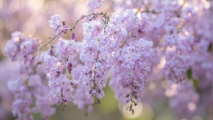 Obraz premium Enchanting wisteria branch with pastel lavender flowers bathed in soft golden light evoking a sense of tranquility and beauty