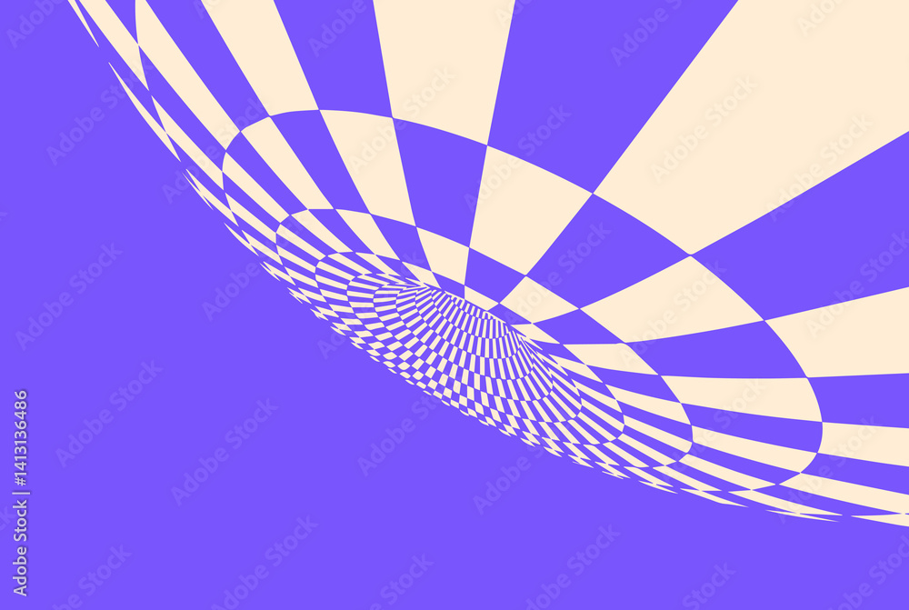 Poster optical illusion white checker 3d. chess background time hole vector. spiral line pattern deep tripp